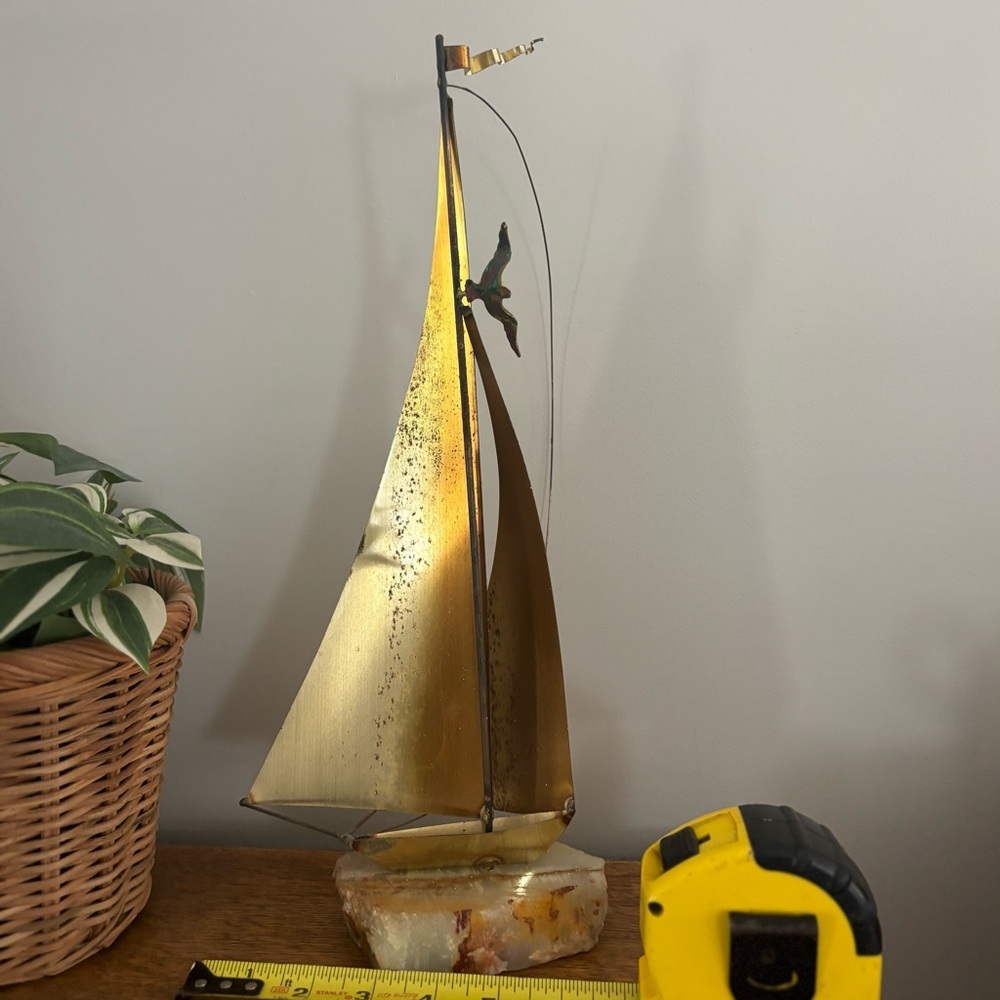 John DeMott Signed Torch Cut Brass and Onyx Sculpture of Sailboat With a Seagull